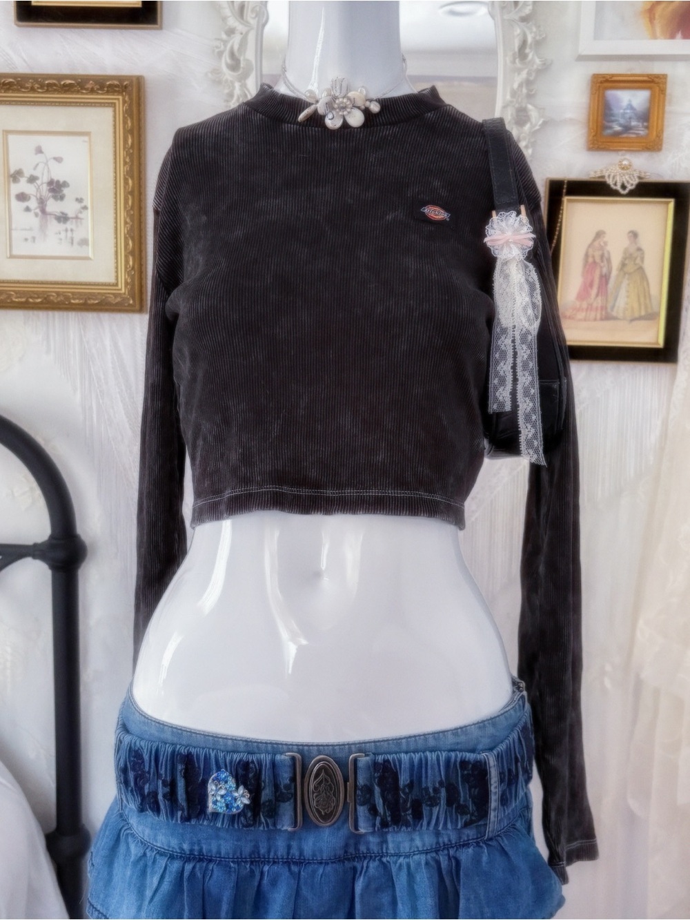 Grunge punk ribbed charcoal acid wash long sleeve tee